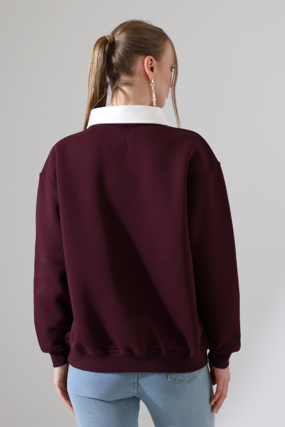 Relax Rahat Salaş Geniş Kesim Gömlek Yaka Pamuklu Kadın Sweatshirt 21985 MÜRDÜM