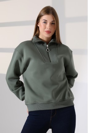 Relax Rahat Salaş Geniş Kesim Yarım Fermuarlı Dik Yaka Pamuklu Kadın Sweatshirt 21971 HAKİ