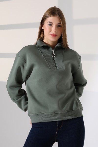 Relax Rahat Salaş Geniş Kesim Yarım Fermuarlı Dik Yaka Pamuklu Kadın Sweatshirt 21971 HAKİ
