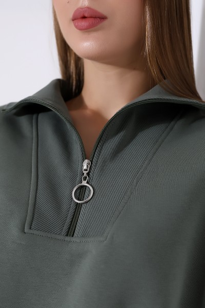 Relax Rahat Salaş Geniş Kesim Yarım Fermuarlı Dik Yaka Pamuklu Kadın Sweatshirt 21971 HAKİ