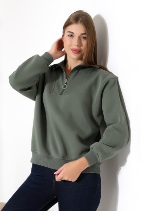 Relax Rahat Salaş Geniş Kesim Yarım Fermuarlı Dik Yaka Pamuklu Kadın Sweatshirt 21971 HAKİ
