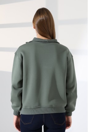 Relax Rahat Salaş Geniş Kesim Yarım Fermuarlı Dik Yaka Pamuklu Kadın Sweatshirt 21971 HAKİ