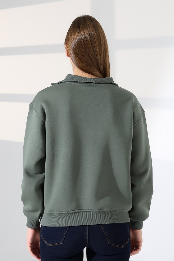 Relax Rahat Salaş Geniş Kesim Yarım Fermuarlı Dik Yaka Pamuklu Kadın Sweatshirt 21971 HAKİ