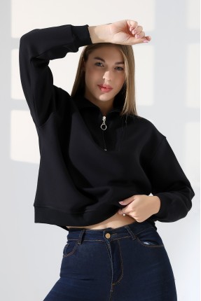 Relax Rahat Salaş Geniş Kesim Yarım Fermuarlı Dik Yaka Pamuklu Kadın Sweatshirt 21971 SİYAH