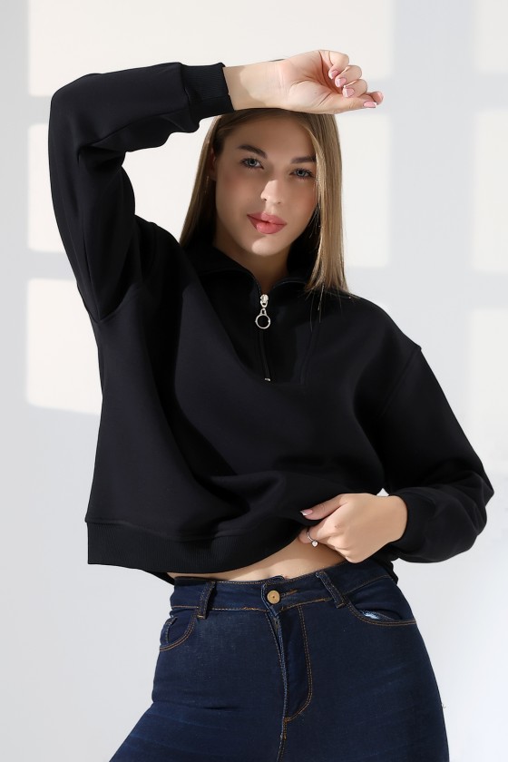 Relax Rahat Salaş Geniş Kesim Yarım Fermuarlı Dik Yaka Pamuklu Kadın Sweatshirt 21971 SİYAH