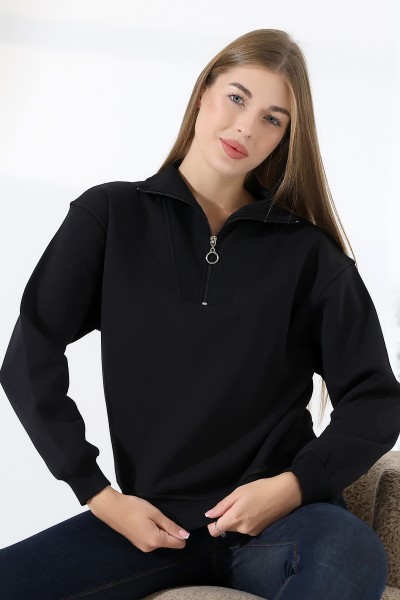 Relax Rahat Salaş Geniş Kesim Yarım Fermuarlı Dik Yaka Pamuklu Kadın Sweatshirt 21971 SİYAH