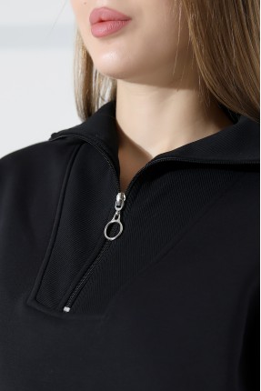 Relax Rahat Salaş Geniş Kesim Yarım Fermuarlı Dik Yaka Pamuklu Kadın Sweatshirt 21971 SİYAH