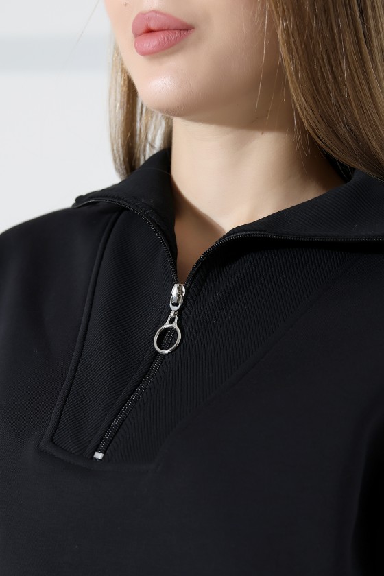 Relax Rahat Salaş Geniş Kesim Yarım Fermuarlı Dik Yaka Pamuklu Kadın Sweatshirt 21971 SİYAH