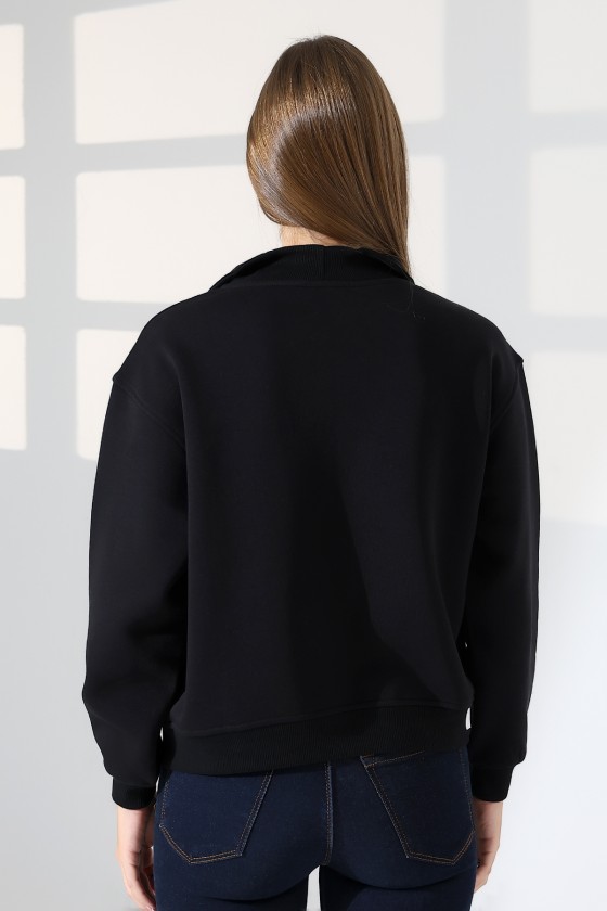 Relax Rahat Salaş Geniş Kesim Yarım Fermuarlı Dik Yaka Pamuklu Kadın Sweatshirt 21971 SİYAH