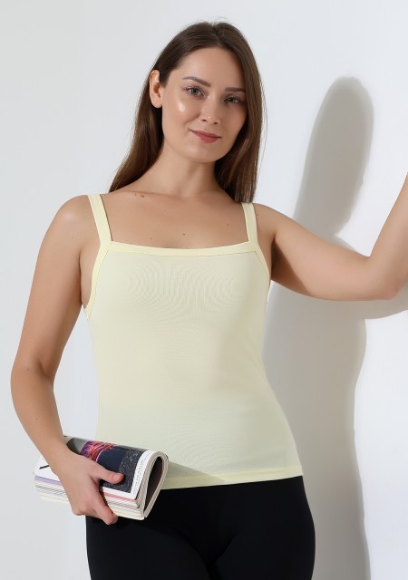 Ribana Kumaş Kare Yaka Kalın Askılı Biyeli Basic Kadın Atlet T-Shirt 22018 AÇIK SARI