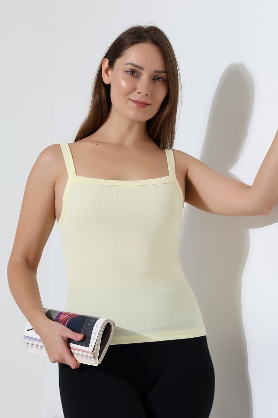 Ribana Kumaş Kare Yaka Kalın Askılı Biyeli Basic Kadın Atlet T-Shirt 22018 AÇIK SARI