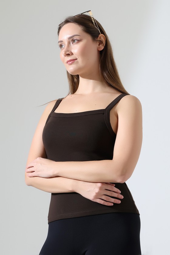 Ribana Kumaş Kare Yaka Kalın Askılı Biyeli Basic Kadın Atlet T-Shirt 22018 KAHVE