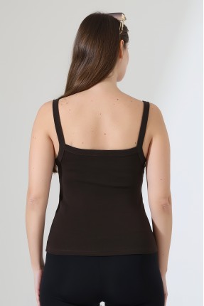 Ribana Kumaş Kare Yaka Kalın Askılı Biyeli Basic Kadın Atlet T-Shirt 22018 KAHVE