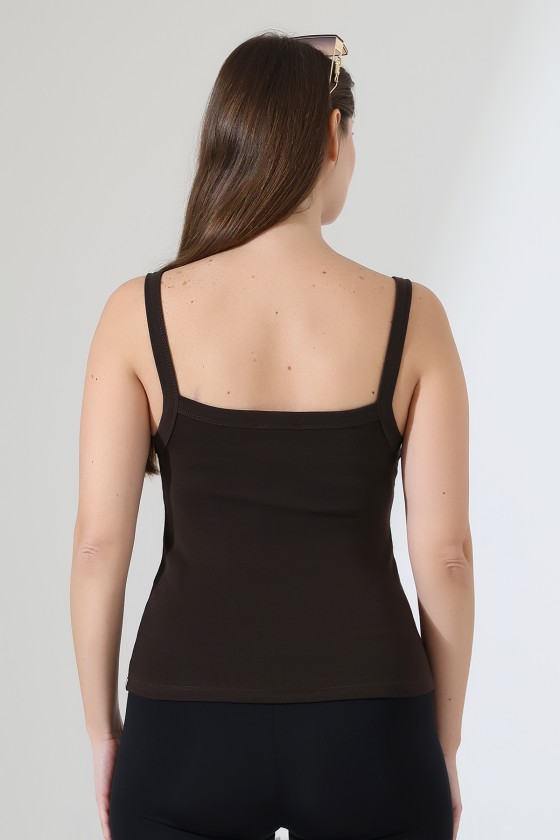 Ribana Kumaş Kare Yaka Kalın Askılı Biyeli Basic Kadın Atlet T-Shirt 22018 KAHVE