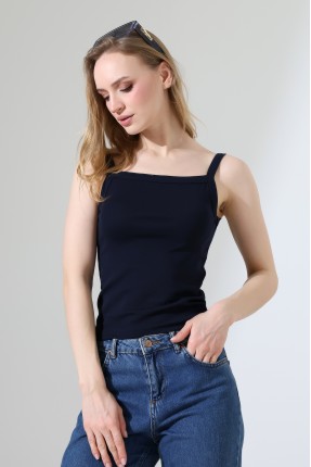 Ribana Kumaş Kare Yaka Kalın Askılı Biyeli Basic Kadın Atlet T-Shirt 22018 LACİVERT