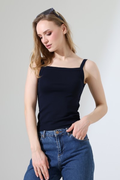 Ribana Kumaş Kare Yaka Kalın Askılı Biyeli Basic Kadın Atlet T-Shirt 22018 LACİVERT