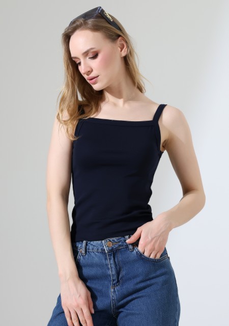 Ribana Kumaş Kare Yaka Kalın Askılı Biyeli Basic Kadın Atlet T-Shirt 22018 LACİVERT