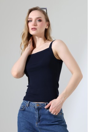 Ribana Kumaş Kare Yaka Kalın Askılı Biyeli Basic Kadın Atlet T-Shirt 22018 LACİVERT