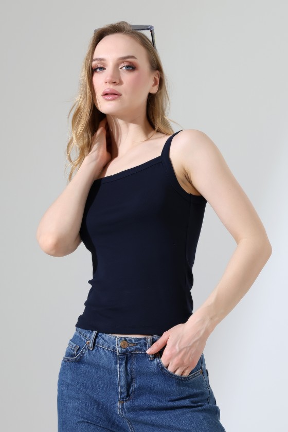 Ribana Kumaş Kare Yaka Kalın Askılı Biyeli Basic Kadın Atlet T-Shirt 22018 LACİVERT