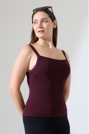 Ribana Kumaş Kare Yaka Kalın Askılı Biyeli Basic Kadın Atlet T-Shirt 22018 MÜRDÜM