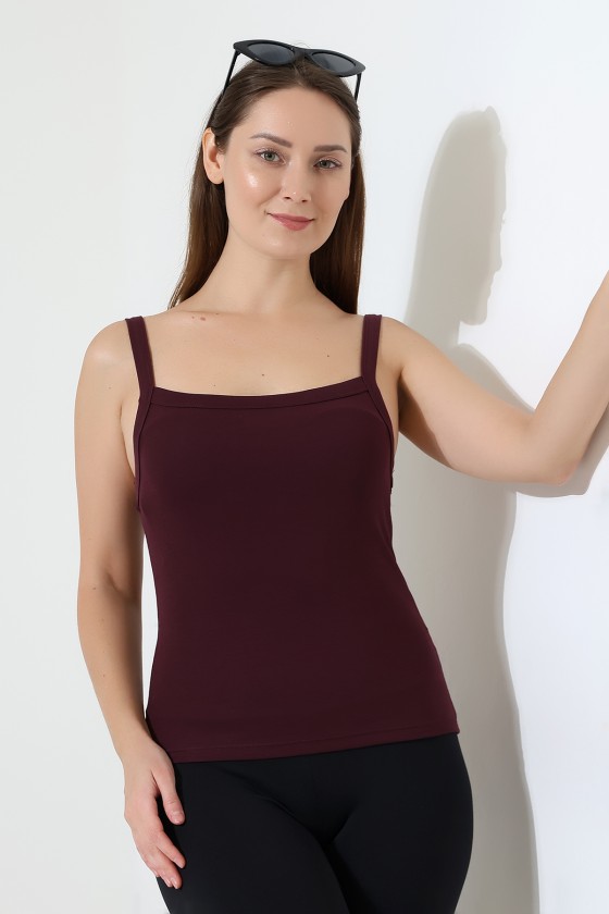 Ribana Kumaş Kare Yaka Kalın Askılı Biyeli Basic Kadın Atlet T-Shirt 22018 MÜRDÜM