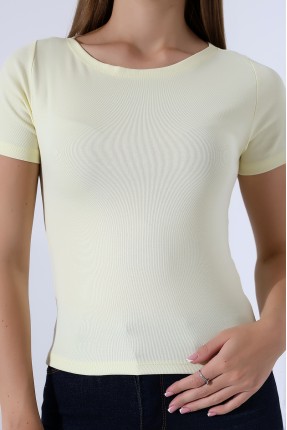 Ribana Kumaş Kayık Yaka Kısa Kol Basic Kadın T-Shirt 21996 AÇIK SARI