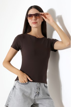 Ribana Kumaş Kayık Yaka Kısa Kol Basic Kadın T-Shirt 21996 KAHVE