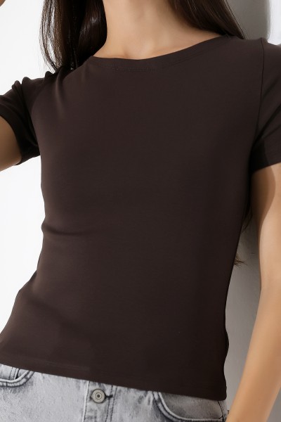 Ribana Kumaş Kayık Yaka Kısa Kol Basic Kadın T-Shirt 21996 KAHVE