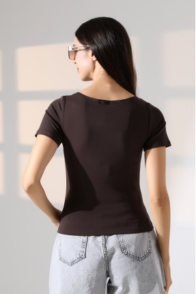 Ribana Kumaş Kayık Yaka Kısa Kol Basic Kadın T-Shirt 21996 KAHVE