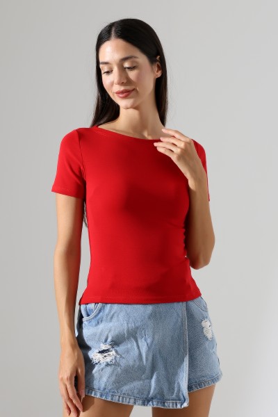 Ribana Kumaş Kayık Yaka Kısa Kol Basic Kadın T-Shirt 21996 KIRMIZI