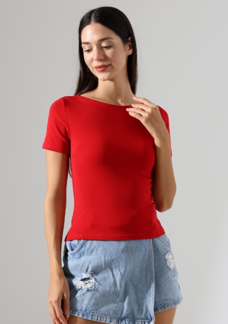 Ribana Kumaş Kayık Yaka Kısa Kol Basic Kadın T-Shirt 21996 KIRMIZI