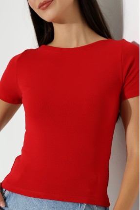 Ribana Kumaş Kayık Yaka Kısa Kol Basic Kadın T-Shirt 21996 KIRMIZI
