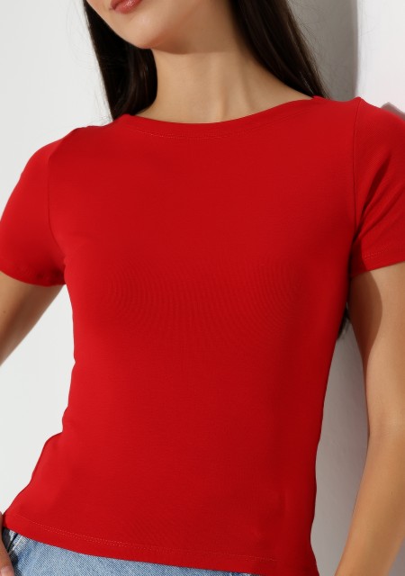 Ribana Kumaş Kayık Yaka Kısa Kol Basic Kadın T-Shirt 21996 KIRMIZI