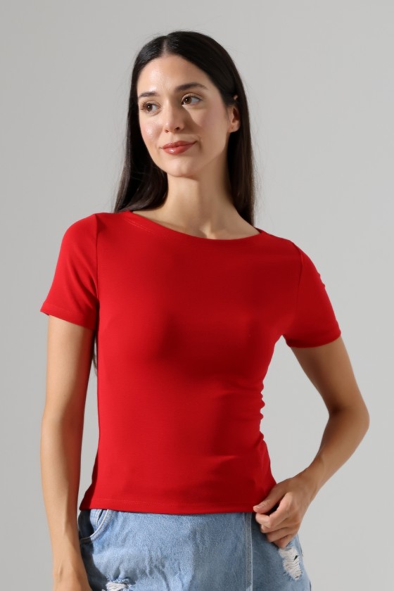 Ribana Kumaş Kayık Yaka Kısa Kol Basic Kadın T-Shirt 21996 KIRMIZI
