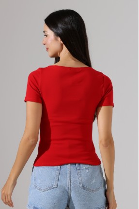 Ribana Kumaş Kayık Yaka Kısa Kol Basic Kadın T-Shirt 21996 KIRMIZI