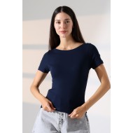 Ribana Kumaş Kayık Yaka Kısa Kol Basic Kadın T-Shirt 21996 LACİVERT
