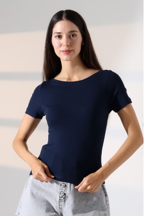 Ribana Kumaş Kayık Yaka Kısa Kol Basic Kadın T-Shirt 21996 LACİVERT