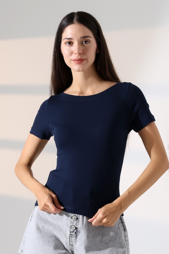 Ribana Kumaş Kayık Yaka Kısa Kol Basic Kadın T-Shirt 21996 LACİVERT