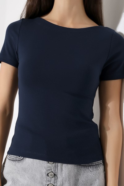 Ribana Kumaş Kayık Yaka Kısa Kol Basic Kadın T-Shirt 21996 LACİVERT
