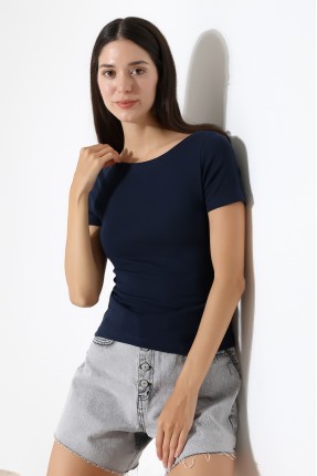 Ribana Kumaş Kayık Yaka Kısa Kol Basic Kadın T-Shirt 21996 LACİVERT