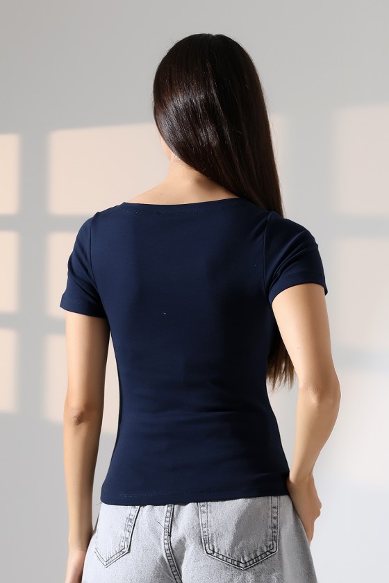 Ribana Kumaş Kayık Yaka Kısa Kol Basic Kadın T-Shirt 21996 LACİVERT