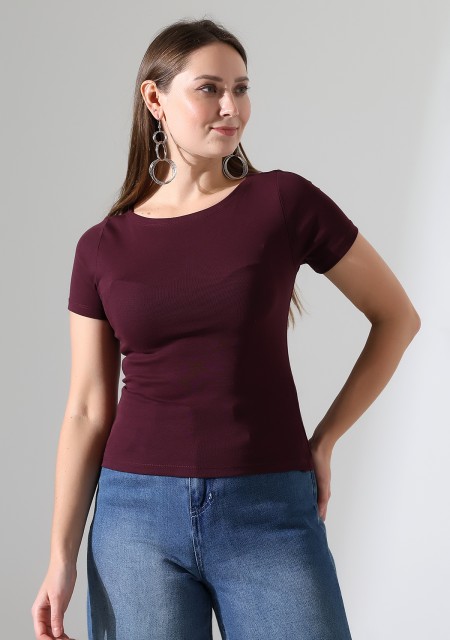 Ribana Kumaş Kayık Yaka Kısa Kol Basic Kadın T-Shirt 21996 MÜRDÜM