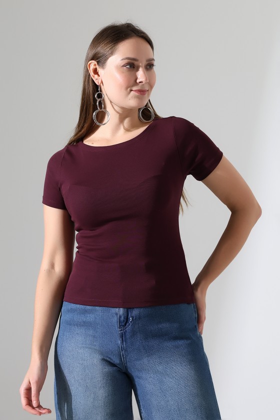 Ribana Kumaş Kayık Yaka Kısa Kol Basic Kadın T-Shirt 21996 MÜRDÜM