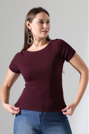 Ribana Kumaş Kayık Yaka Kısa Kol Basic Kadın T-Shirt 21996 MÜRDÜM