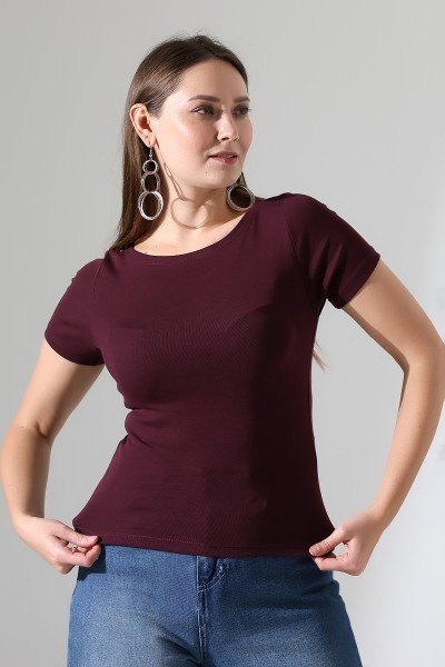 Ribana Kumaş Kayık Yaka Kısa Kol Basic Kadın T-Shirt 21996 MÜRDÜM