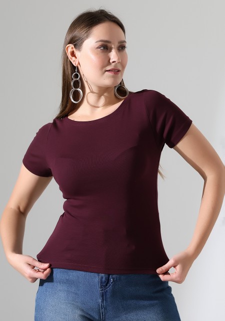 Ribana Kumaş Kayık Yaka Kısa Kol Basic Kadın T-Shirt 21996 MÜRDÜM