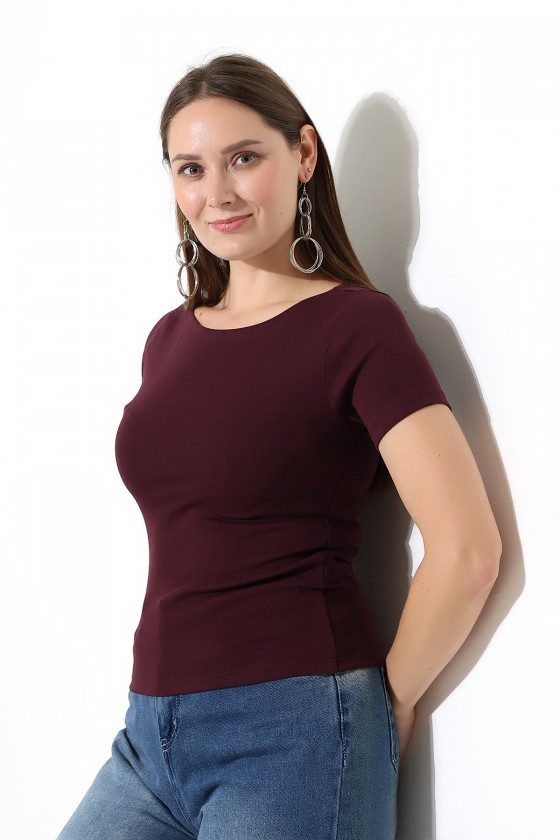 Ribana Kumaş Kayık Yaka Kısa Kol Basic Kadın T-Shirt 21996 MÜRDÜM