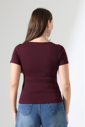 Ribana Kumaş Kayık Yaka Kısa Kol Basic Kadın T-Shirt 21996 MÜRDÜM
