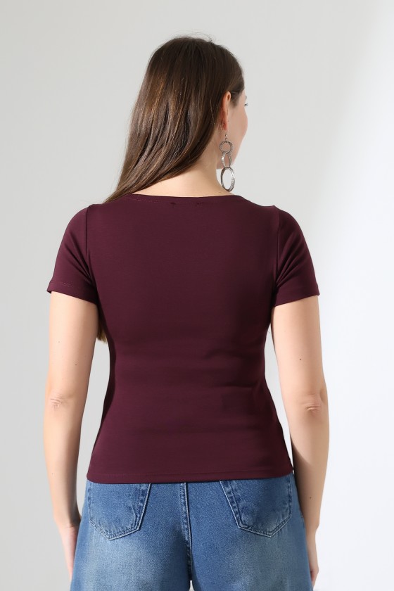 Ribana Kumaş Kayık Yaka Kısa Kol Basic Kadın T-Shirt 21996 MÜRDÜM