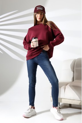 Şardonlu Bisiklet Yaka Oversize Sweatshirt 21620 BORDO